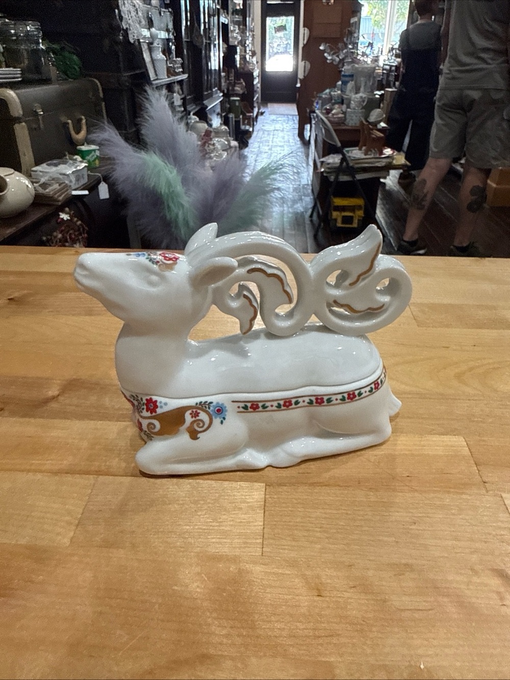 Elizabeth Arden White Ceramic Reindeer with Gold and Multicolor Floral Trim
